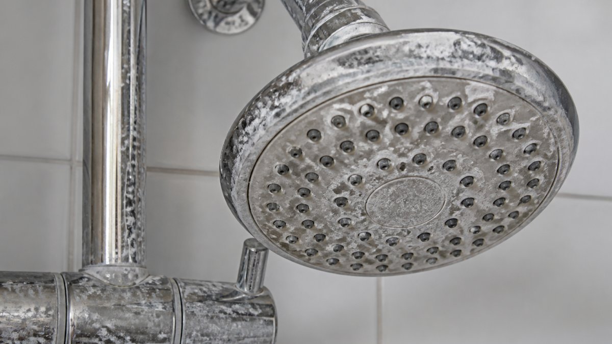 Diagram illustrating how water softening minerals prevent limescale buildup on bathroom showerheads