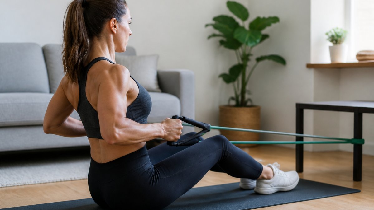 Diagram showing the steps for a resistance band row to strengthen back muscles and improve posture