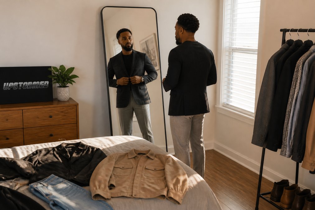 Person in their 30s trying on empowering clothing in front of a mirror in a bright bedroom