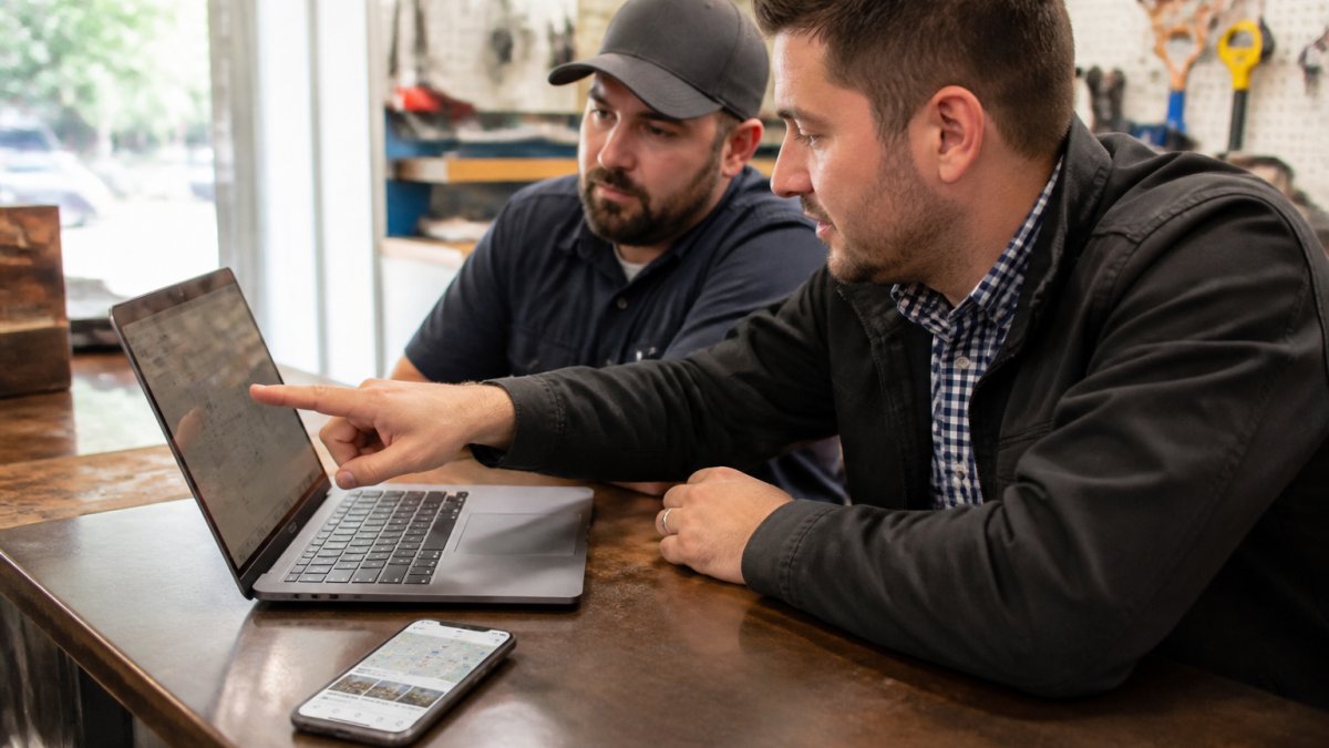 Consultant and business owner reviewing website analytics and Google Maps data for local ranking audits