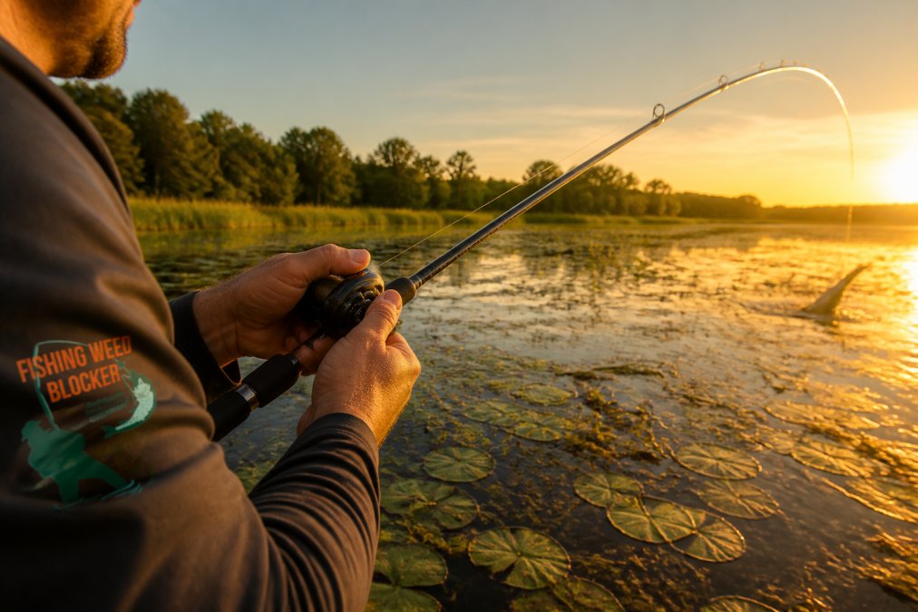 Angler leaning back into a firm hook set on a baitcasting rod over a weedy lake during golden hour for weedless fishing