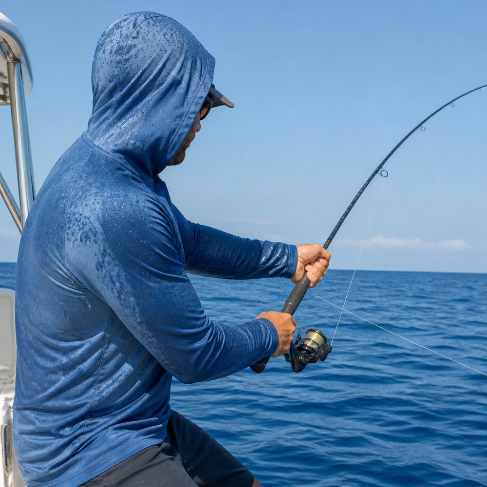Angler on a boat wearing a hooded UV shirt, partially wet from water spray, actively fishing during midday sun with clear water visible in background