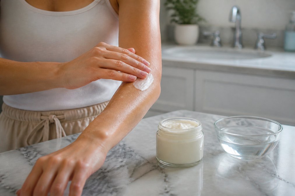 Close-up of a woman's hands gently massaging a small amount of white whipped tallow balm into her damp forearm, with a glass jar of the product and a small bowl of water on a marble bathroom counter nearby
