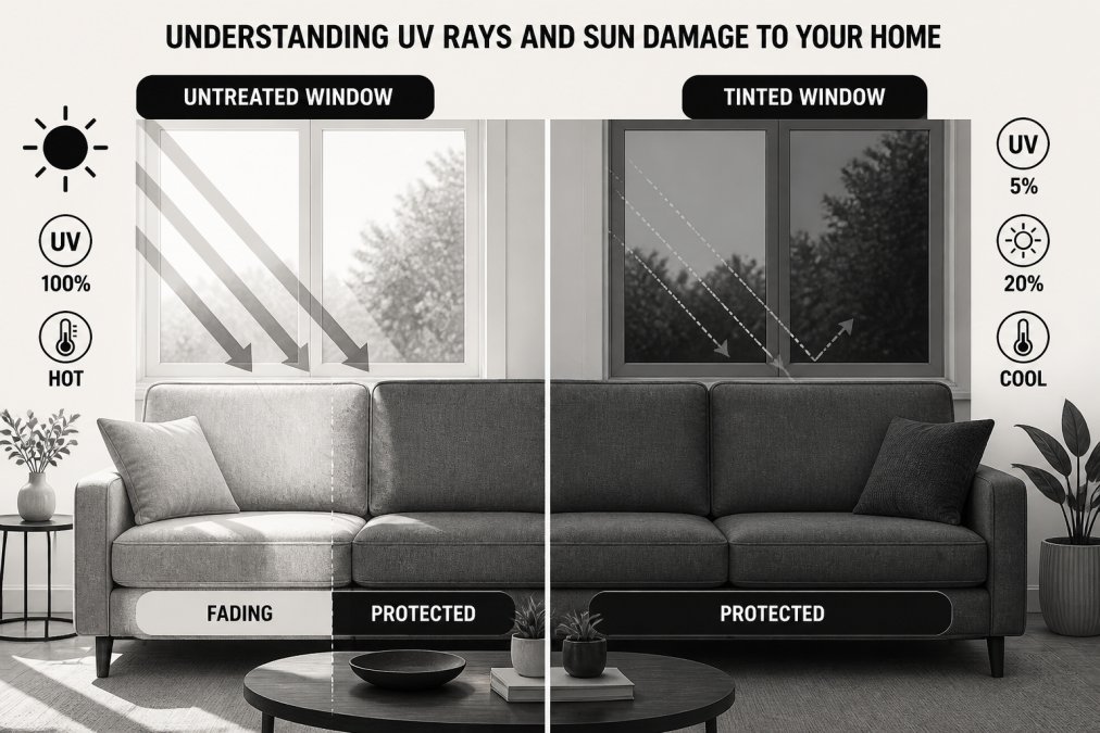 Bright living room with sunlight streaming through untreated windows onto upholstered furniture, showing visible fading on one side of a sofa compared to the protected side in shadow