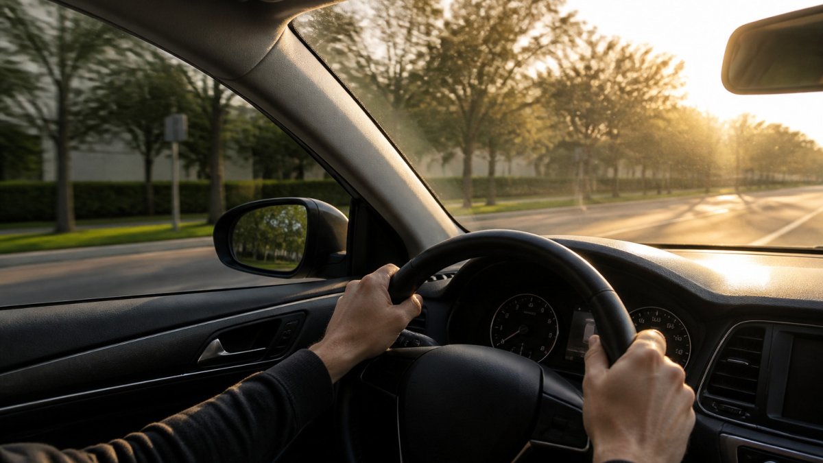 Driver hands on a steering wheel in a sunlit car with light window tinting protecting the dashboard interior.
