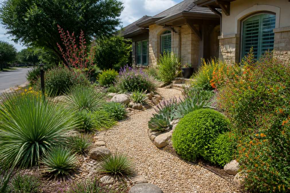 A lush front yard in San Antonio with layered native plants, gravel paths, and colorful flowering shrubs under bright sunlight, showing a xeriscaped landscape that looks full and green rather than barren