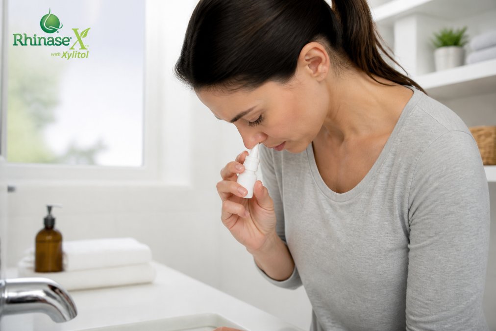 Person tilting head forward at proper 45-degree angle while carefully inserting nasal spray nozzle, demonstrating correct technique in bright, clean bathroom setting