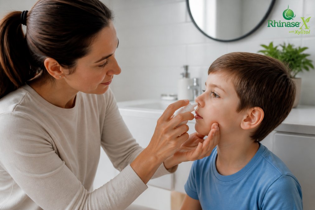 Close-up of parent gently applying nasal spray to child's nostril with reassuring hand position, showing safe and gentle handling technique in well-lit home bathroom