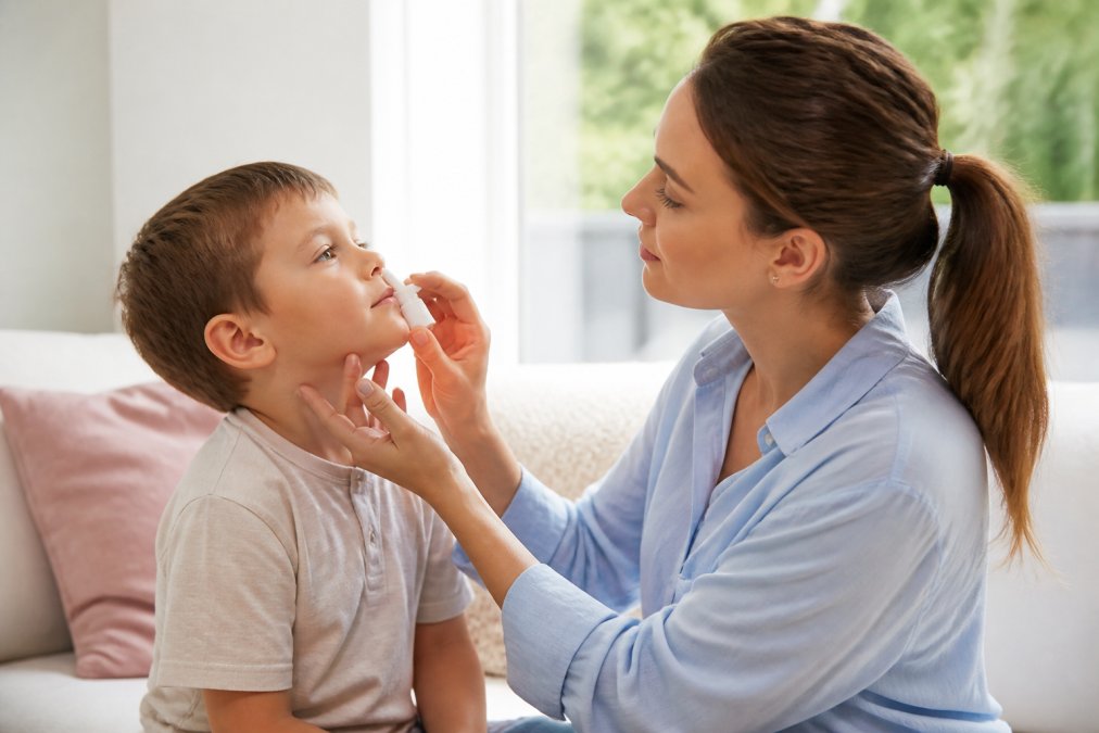 Parent gently helping young child apply nasal spray in bright, calm home setting with natural window light, showing proper upright head position