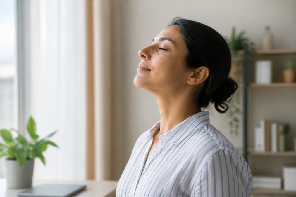 Person breathing deeply with relaxed, relieved expression shown in profile against clean, neutral background with soft natural lighting
