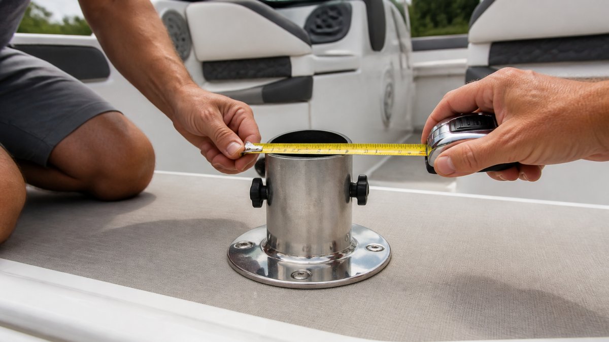 Measuring the diameter of a stainless steel Chaparral boat table pedestal mount with a tape measure
