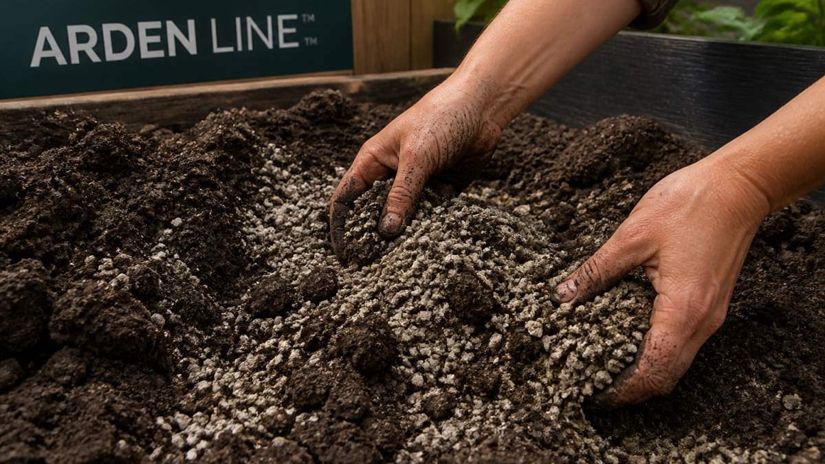 Step-by-step diagram illustrating the process of mixing mineral soil amendments into dense clay garden earth.