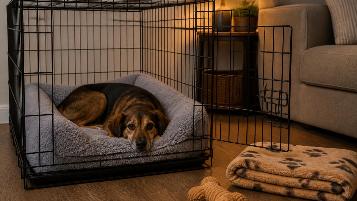 A newly adopted rescue dog resting on a cozy bed inside a wire crate, a key step in successful dog adoption.