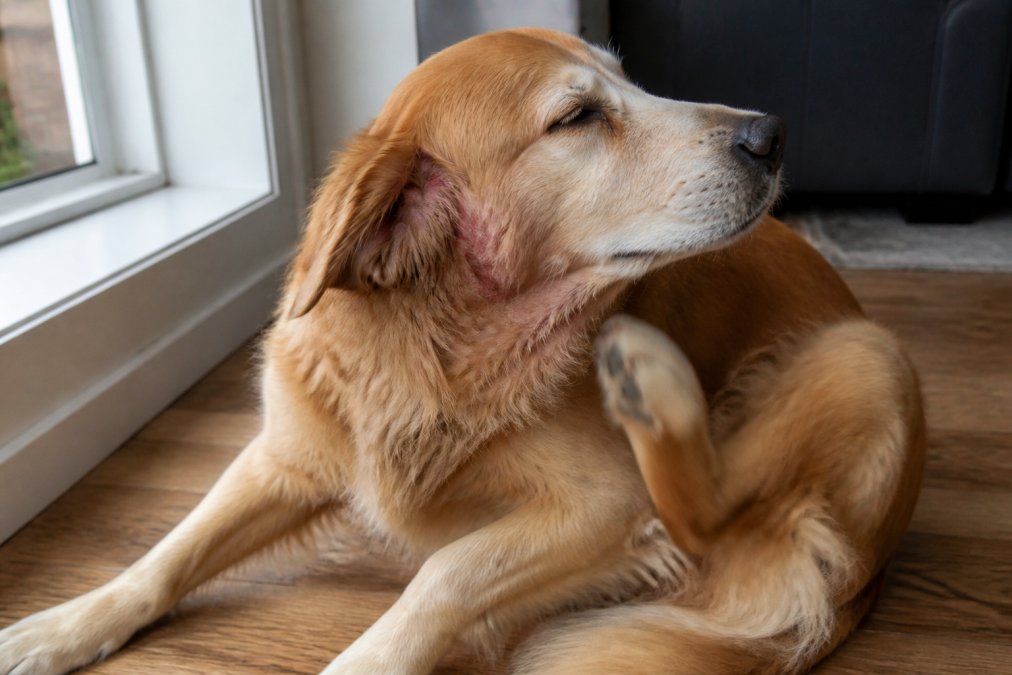 Close-up of a golden retriever sitting on a hardwood floor, actively scratching behind its ear with a hind leg, with visible redness and irritation on the skin around the ear and neck area, natural window light