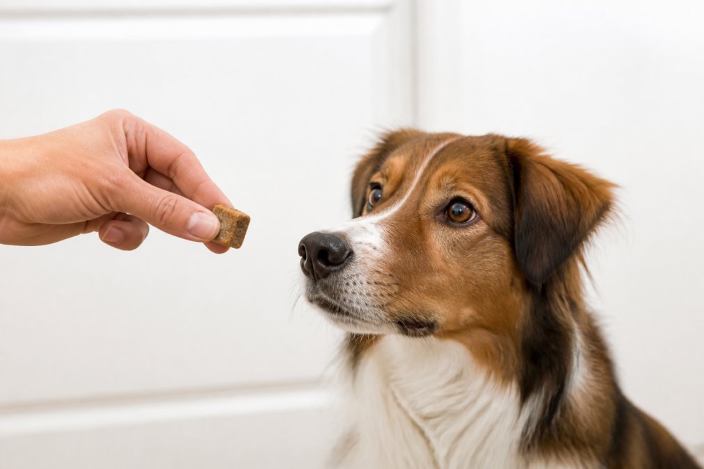 A person's hand holding a single small freeze-dried beef liver treat close to the nose of an attentive medium-sized dog, the dog's eyes focused on the treat, bright natural light against a clean white background