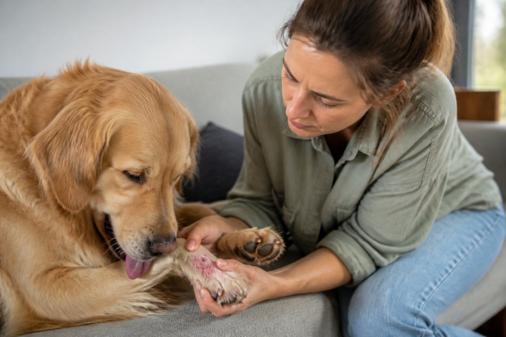 Owner examining a golden retriever’s irritated paw, a common sign requiring dog allergy treatment to soothe the skin.