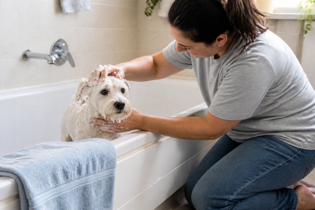 A person gently washing a small white terrier in a bathtub as part of a natural dog allergy treatment at home routine.