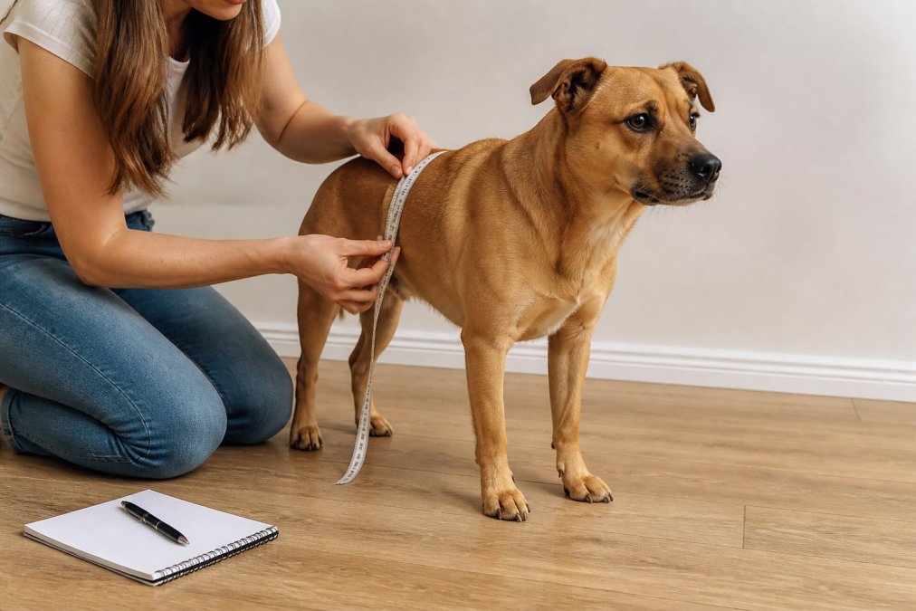 Person measuring a dog’s chest with a soft tape to ensure a perfect fit for matching pyjamas.