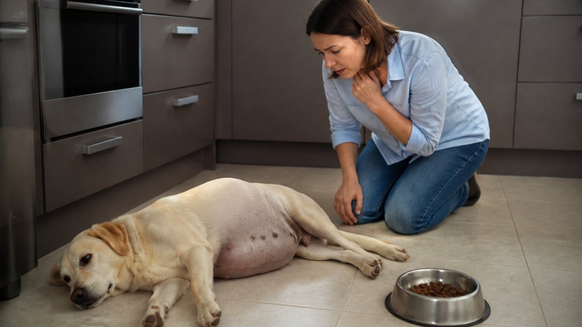 Infographic flowchart illustrating warning signs of canine bloat and symptoms of abdominal distension in dogs