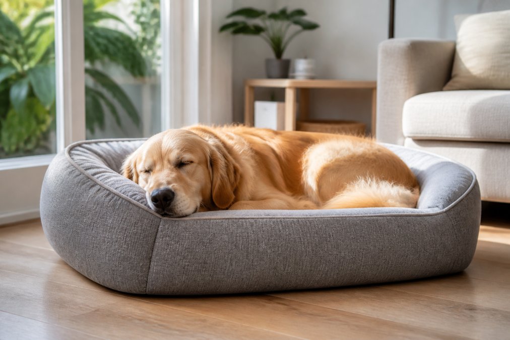 A medium-sized golden retriever sleeping peacefully on a cushioned pet bed with bolstered sides in a bright, modern living room with natural sunlight streaming through windows