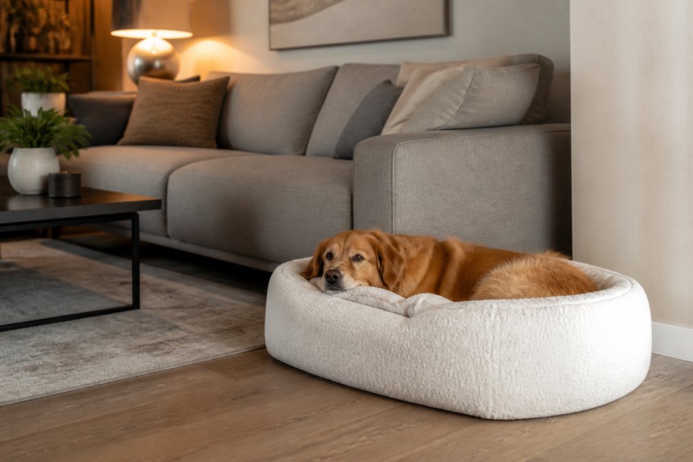 A stylish dog bed in soft neutral boucle fabric positioned elegantly beside a modern gray sofa in a contemporary living room with warm lighting and wooden floors