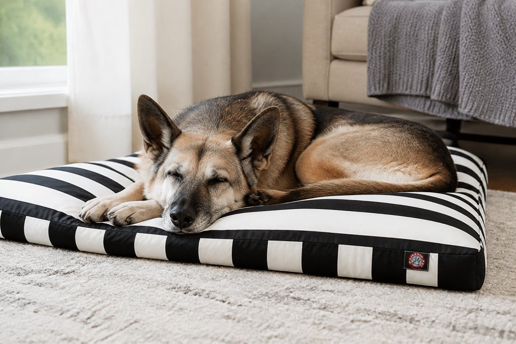 Senior dog resting peacefully on a memory foam orthopedic bed with a washable cover in a bright, comfortable home setting