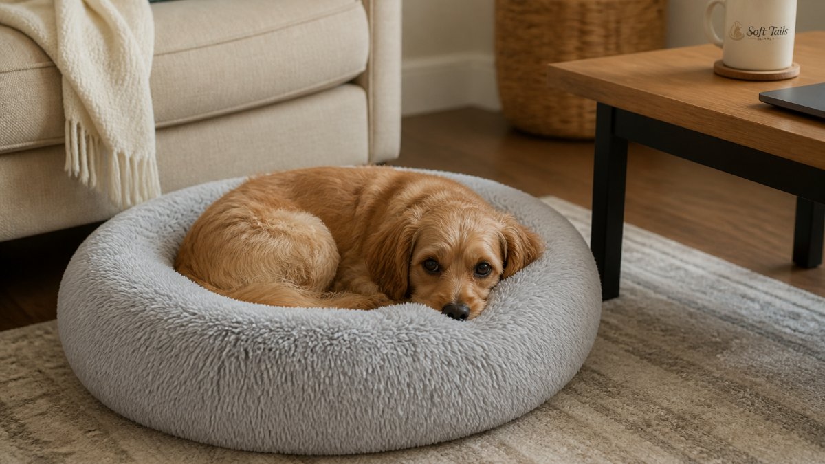A small anxious dog curled up in a plush round calming bed with raised edges, placed on a living room rug near a sofa, soft natural light