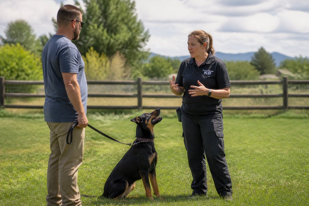 Professional trainer providing hands-on guidance to an owner and dog, comparing the behaviorist vs professional trainer