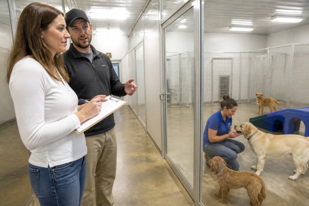 Pet owner using a checklist to tour a facility among dog boarding alternatives with play areas and staff.