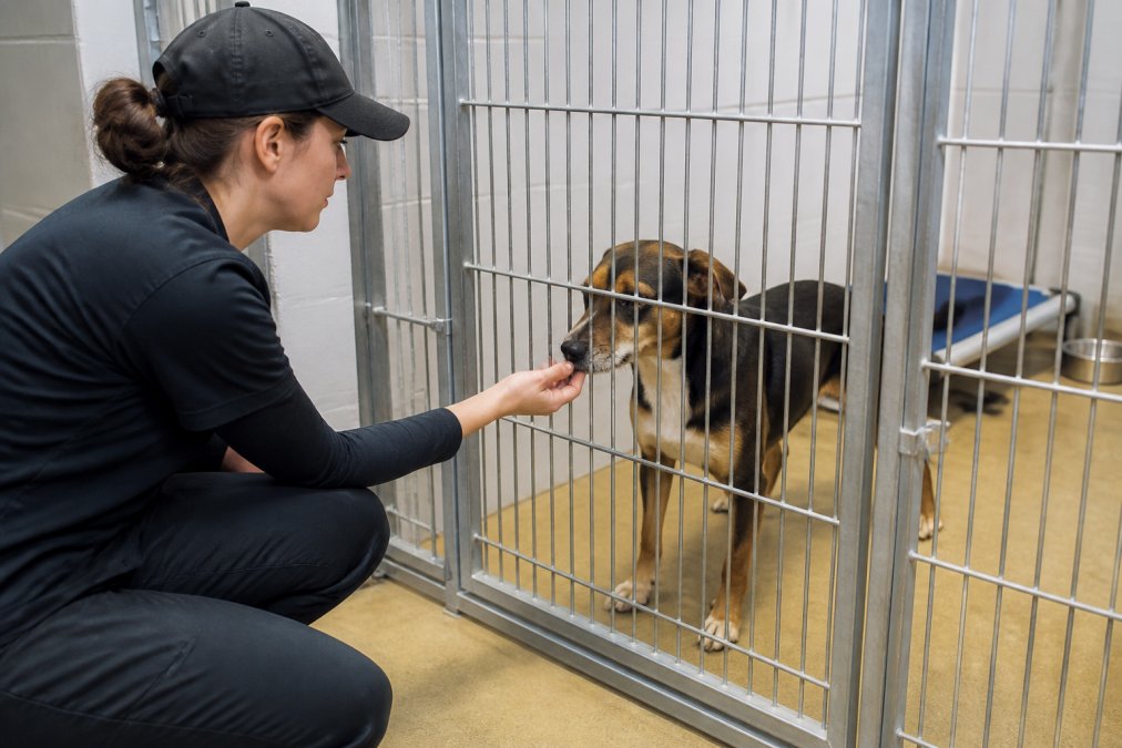 A calm, professional dog handler in a clean, secure indoor kennel environment gently interacting with a medium-sized dog through a safety gate