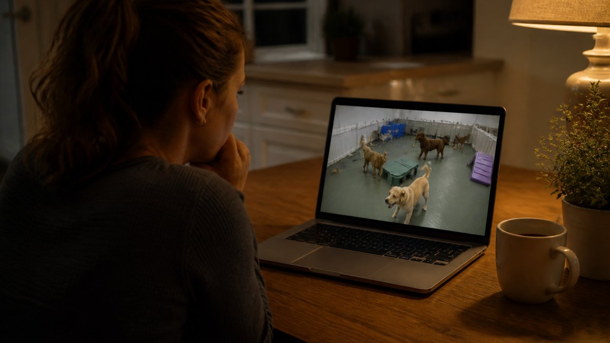 A pet owner sitting at a kitchen table at night, laptop open to a live webcam feed of a dog playing in a boarding facility playroom, warm lamp light, coffee mug nearby