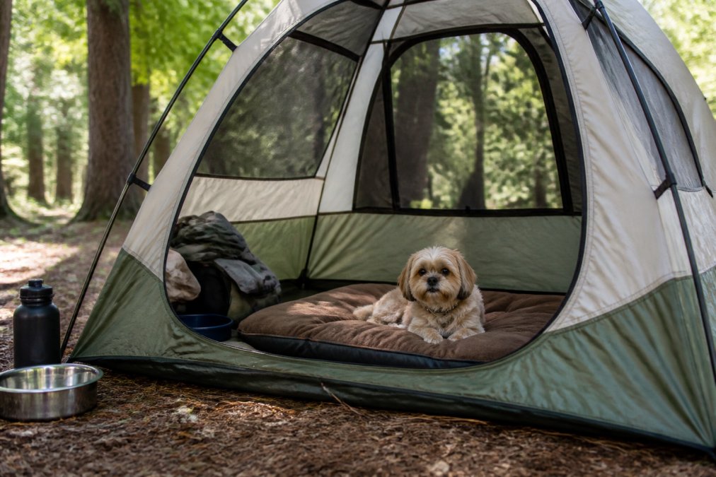 A small dog relaxing on a cushioned sleeping pad inside a portable camping tent at a wooded campsite, with natural daylight filtering through mesh windows and camping gear visible nearby