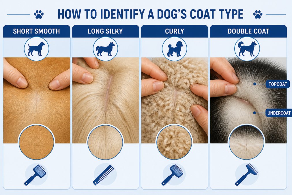 Close-up of hands gently parting different dog coat textures side by side, showing a short smooth coat, a long silky coat, a curly coat, and a double coat with visible undercoat layers in natural daylight