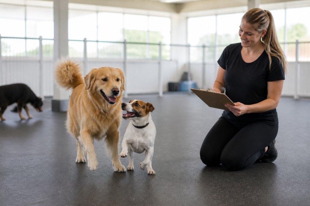 A happy golden retriever playing with a smaller dog in a spacious, climate-controlled indoor daycare play area with soft flooring and natural light, a staff member kneeling nearby with a clipboard