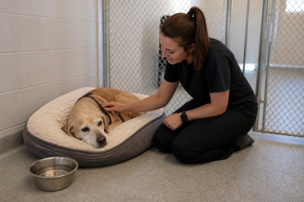 A calm senior dog resting comfortably on a soft bed in a clean, climate-controlled indoor run, with a professional caregiver kneeling nearby offering gentle attention