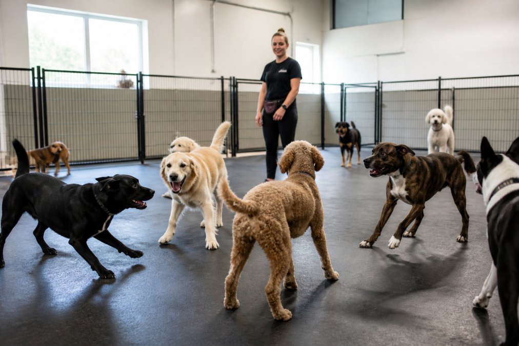 Group of dogs of different sizes and temperaments playing together under supervision in a bright, spacious indoor play area with trained staff member observing closely