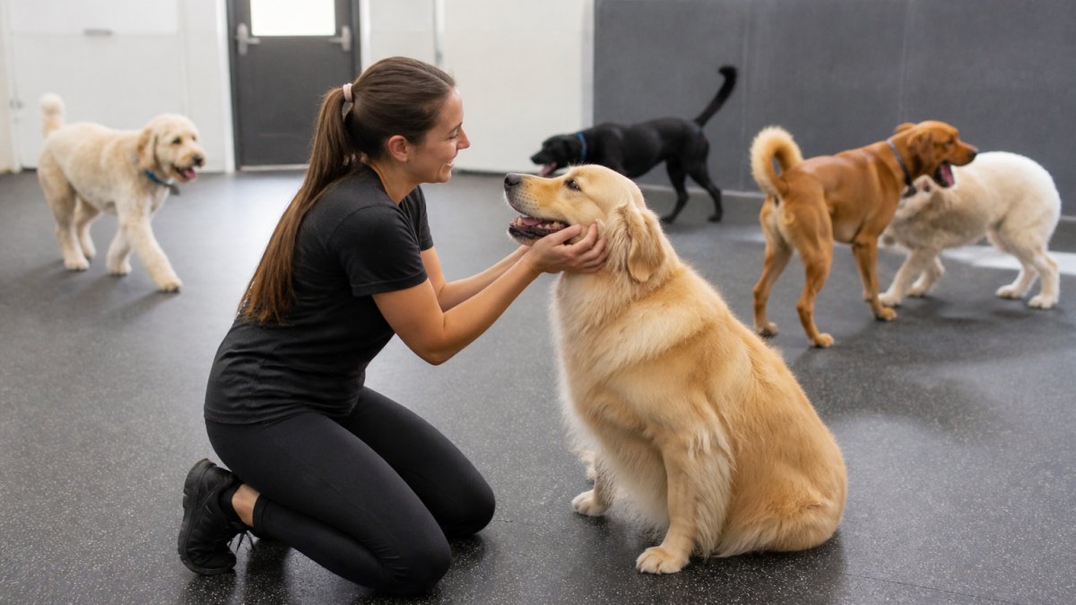 A friendly caregiver kneeling on a clean indoor play floor, greeting a happy golden retriever while other dogs play in the background of a bright, climate-controlled daycare room
