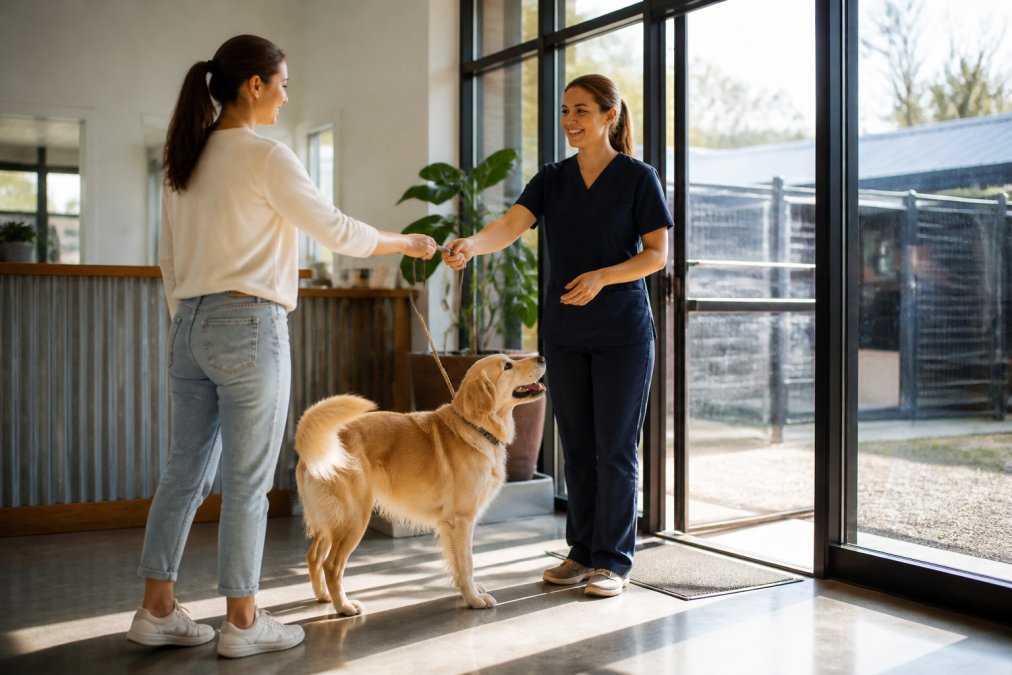 A pet owner calmly handing their dog's leash to a smiling, uniformed daycare staff member at a bright, welcoming facility entrance, the dog appearing relaxed with tail raised and ears forward, warm morning light through glass doors