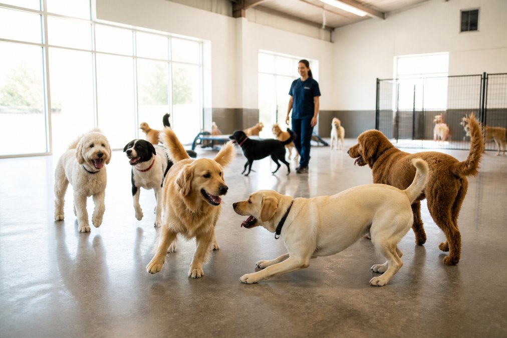 Several happy dogs of different breeds playing together in a spacious, clean, cage-free indoor play area with natural light streaming through large windows, a uniformed staff member actively supervising in the background