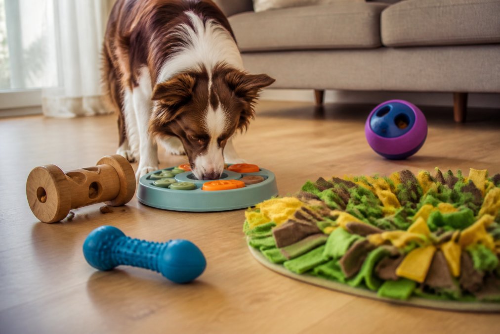 Close-up of a dog actively engaging with multiple enrichment toys including puzzle feeders, chew toys, and snuffle mats on a light wooden living room floor, natural window lighting