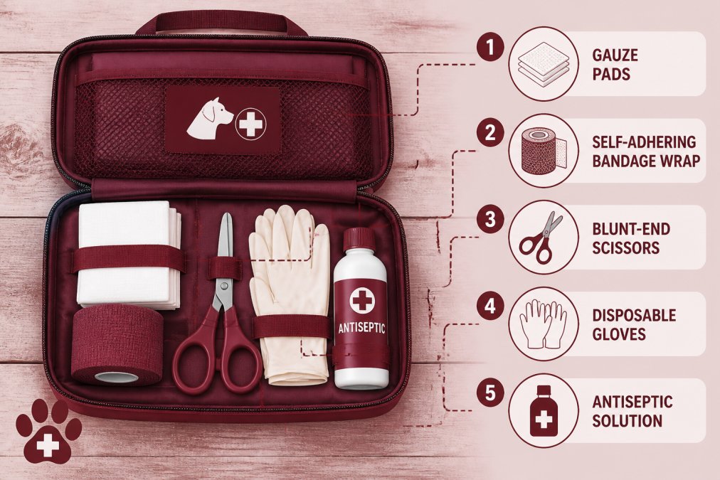 Flat lay of an open dog first aid kit on a worn wooden surface showing gauze pads, self-adhering bandage wrap, blunt-end scissors, disposable gloves, and antiseptic solution arranged neatly in natural afternoon light