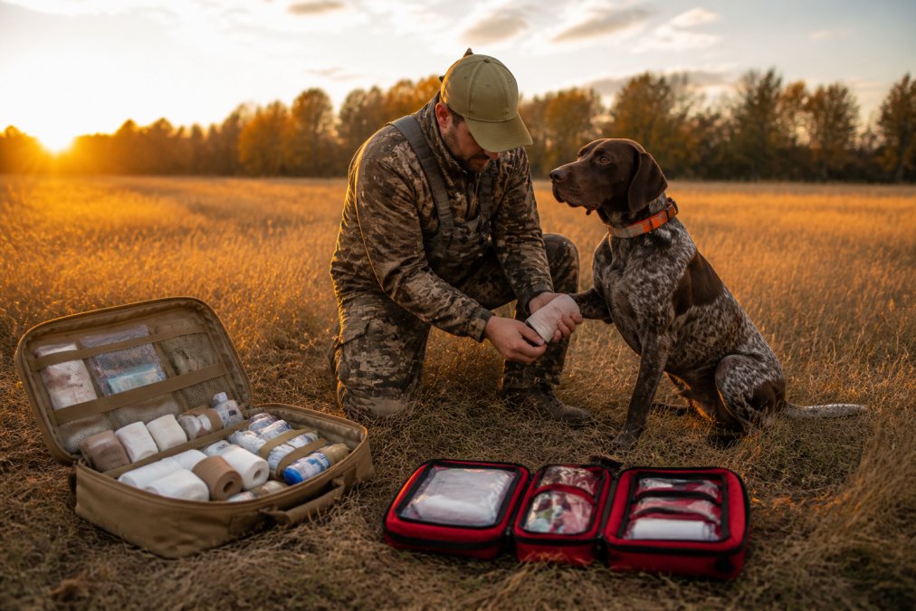 An outdoor enthusiast in hunting gear kneeling beside a large hunting dog in a golden autumn field, carefully applying a bandage wrap to the dog's front paw with a first aid kit open on the ground in the foreground, warm late-afternoon light