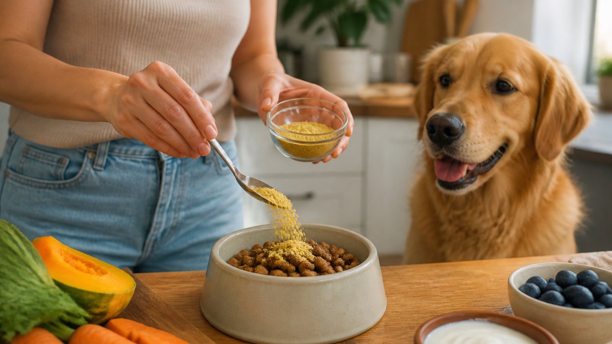Hands sprinkling golden powder over kibble in a ceramic bowl as a golden retriever watches nearby