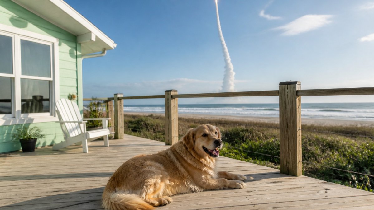 A golden retriever relaxing on a private beachfront deck beside a restored 1950s villa, with the ocean and a rocket launch trail visible in the background