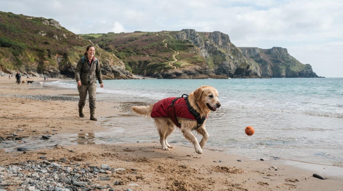 A happy dog running through shallow coastal waves on a sandy beach with golden cliffs rising in the background, golden afternoon light and seabirds flying overhead