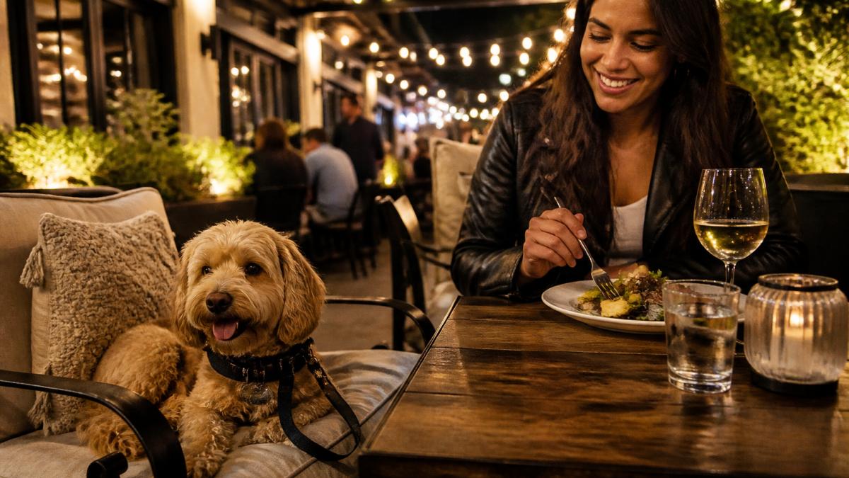 Dog resting on a cushioned patio chair while its owner enjoys a meal at an outdoor table, warm evening lighting with string lights overhead, casually chic restaurant setting