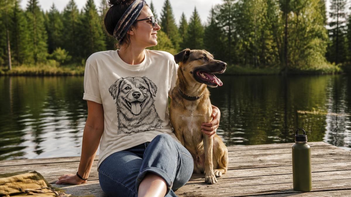 A person wearing a dog-themed graphic tee, relaxed on a wooden dock by a lake with a rescue dog sitting beside them, casual outdoor setting in warm afternoon light