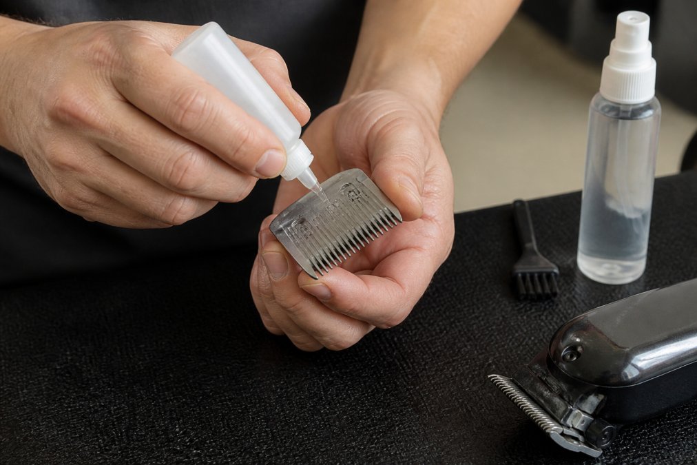 Close-up of hands applying a few drops of blade oil to the teeth of a detachable dog clipper blade over a clean workspace, with a small brush and blade wash bottle nearby