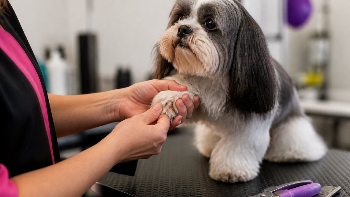 Professional groomer's hands gently handling a dog's paw during desensitization, showing calm body language and trust-building interaction in a soft, well-lit grooming space
