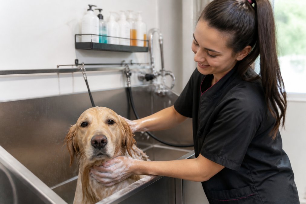 Professional groomer gently bathing a calm dog in a warm tub with pet-safe products, showing hands-on care and attention to the pet's comfort, with natural lighting in a modern grooming facility